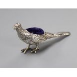 An Edwardian novelty silver pin cushion, modelled as a pheasant, import marks for Glasgow, 1907,