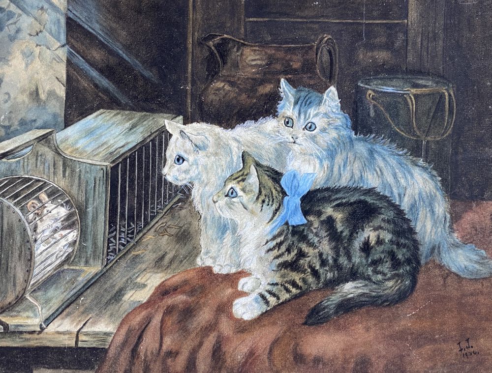 I.J. 1908, two watercolours, Cats beside a mouse cage and Hounds beside a stable, largest 23 x 32cm - Image 4 of 6