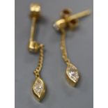 A modern pair of 18ct gold, marquise and round cut diamond set drop earrings, drop 22mm, gross 1.6