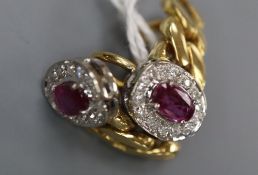 A pair of modern Italian 750 yellow metal curblink, pink sapphire and diamond chip set oval