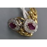 A pair of modern Italian 750 yellow metal curblink, pink sapphire and diamond chip set oval