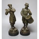 A pair of bronze musicians - drummer and flautist, 24cm