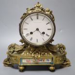 A 19th century ormolu and porcelain mantel clock, signed Albert Klaftenberger, height 26cm