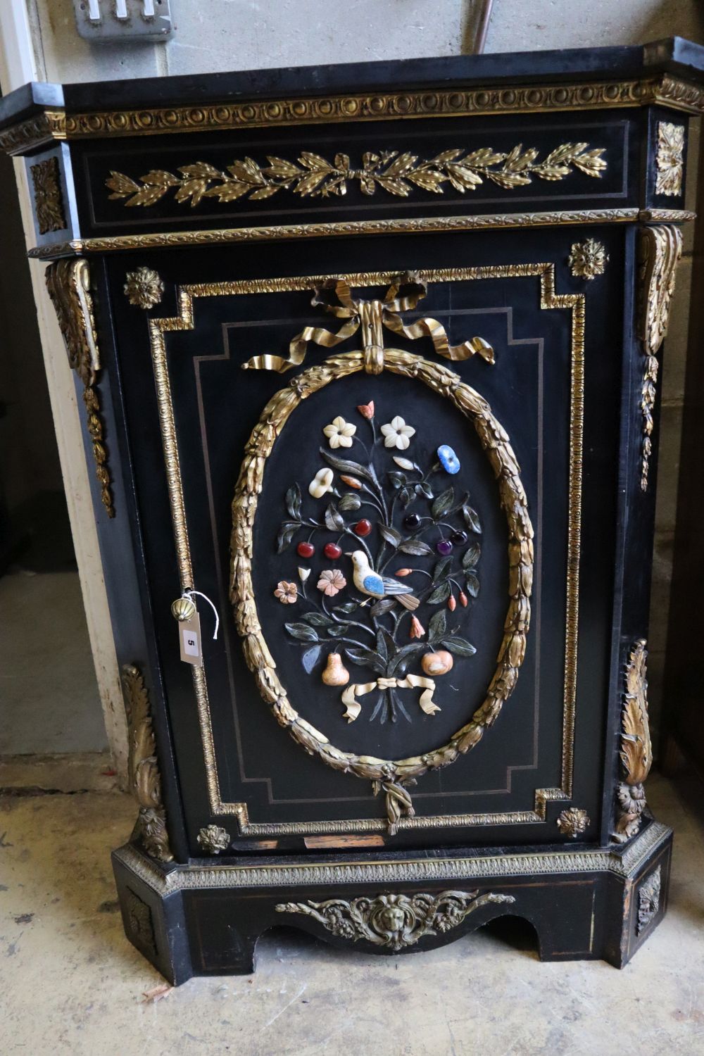 A Victorian ebonised gilt metal and hardstone mounted pier cabinet with black slate top, width 83cm, - Image 3 of 3
