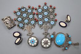 A pair of silver and enamel oval cufflinks, a Georg Jensen sterling dove brooch, no.111 and other