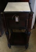 A late 19th century French rosewood marble topped two tier bedside cabinet, width 39cm depth 38cm