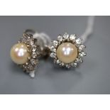 A pair of 18ct white gold, cultured pearl and diamond cluster earrings, post and butterfly fittings,