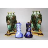 A pair of Victorian majolica vases, height 16cm and two Doulton Burslem Corolian ware miniature