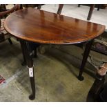 A George II satinwood banded mahogany pad foot drop leaf table, 90cm extended, width 94cm, height