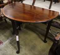 A George II satinwood banded mahogany pad foot drop leaf table, 90cm extended, width 94cm, height