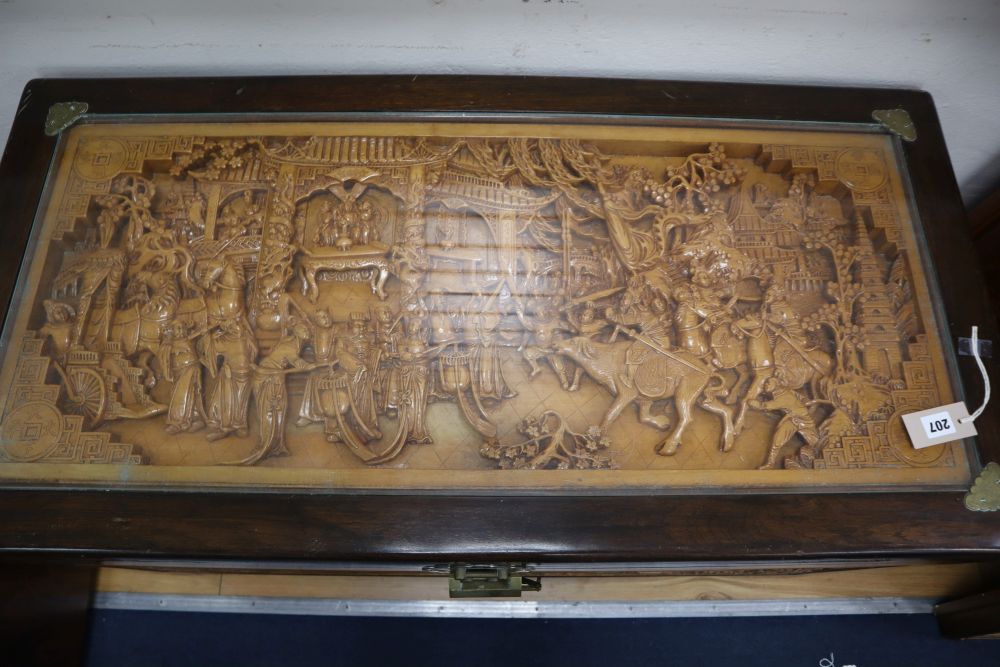 A Chinese carved camphor lined chest, width 110cm, depth 54cm, height 63cm - Image 2 of 4