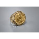 A George V 1925 gold half sovereign, now in 9ct gold ring mount, size V, gross 7.9 grams.