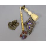 An ivory handle seal and a silver and enamel crucifix, a Victorian bone bobbin personalised