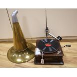 A table gramophone, The Shamrock, with horn, needles and two 78rpm records