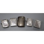 Three silver vesta cases, a sterling vesta case and a white metal vesta case, largest 61mm.