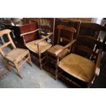 A pair of beech rush seat elbow chairs and a pair of 19th century French fruitwood chairs