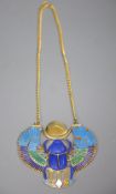 An Egyptian design gilt metal and enamel 'scarab beetle' pendant on chain, by Thomas Fattorini Ltd