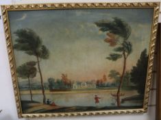 Late 19th century English School, oil on canvas, Cappricio scene with Georgians fishing in a lake,