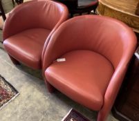 A pair of Italian design red leather tub chairs, c. 1980, width 60cm