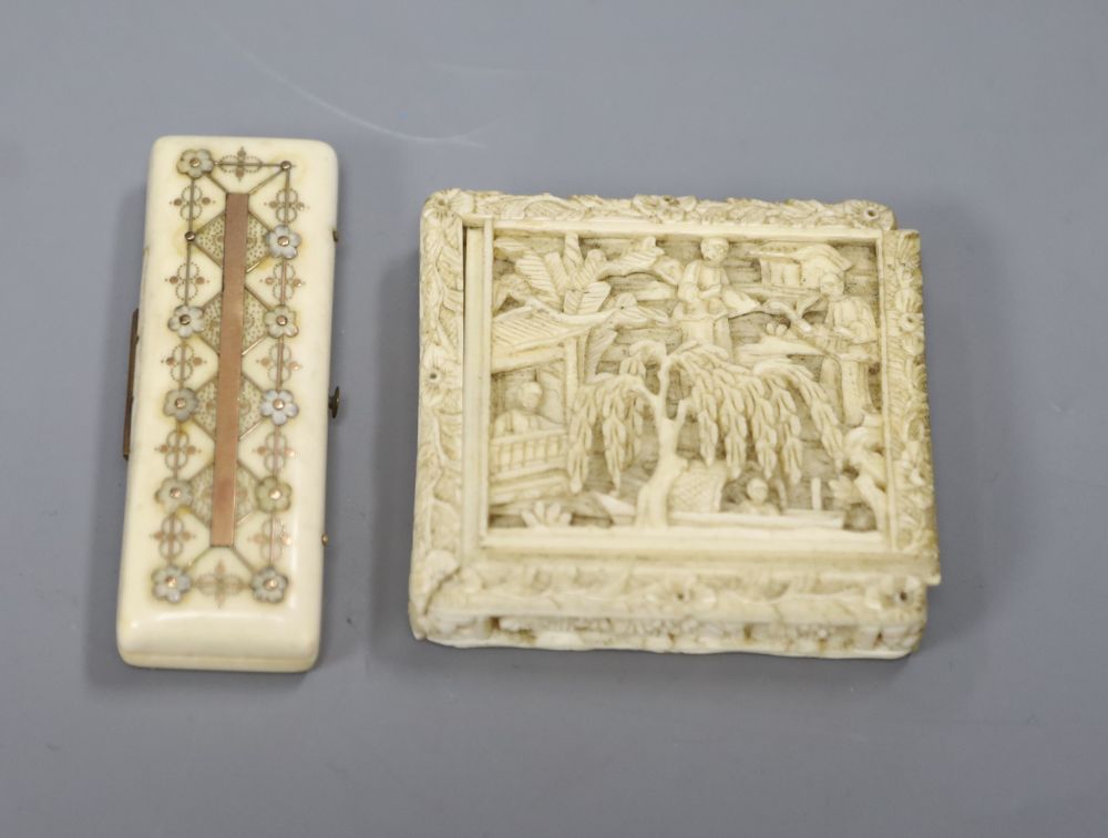 A 19th century Chinese ivory puzzle box and an early 19th century gold pique ivory toothpick box (2,