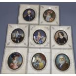 Eight 19th century portrait miniatures in old piano key frames