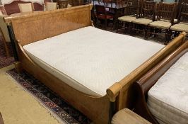 An Empire style bird's eye maple gilt metal mounted and part ebonised Superking 6ft. bed frame and