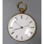 A continental engine turned 18k yellow metal open face keywind pocket watch, with Roman dial,