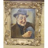 Atelier Absricie, oil on card, Portrait of a beer drinker, signed and inscribed verso, 26 x 20cm