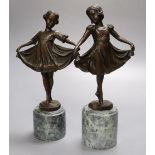 After Preiss - A pair of modern French bronzes of dancing girls, on marble plinths, 26cm high