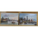 Chinese School c.1900, pair of oils on card, Coastal landscapes, 32 x 51cm, unframed