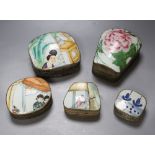 Five Chinese porcelain and metal boxes, each inset with painted porcelain cover, largest 14cm high