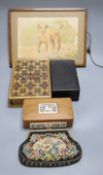 Three various boxes, a watercolour of a dog and a petit point purse