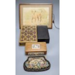 Three various boxes, a watercolour of a dog and a petit point purse