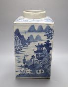 A 19th century Chinese blue and white oblong tea canister, painted in underglaze blue,