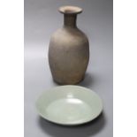 A Korean celadon saucer dish, Goryeo dynasty, 17cm and a Korean stoneware bottle vase,