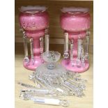 A pair of pink glass lustres (a.f.) and a glass lustre hung ceiling light, 37cm