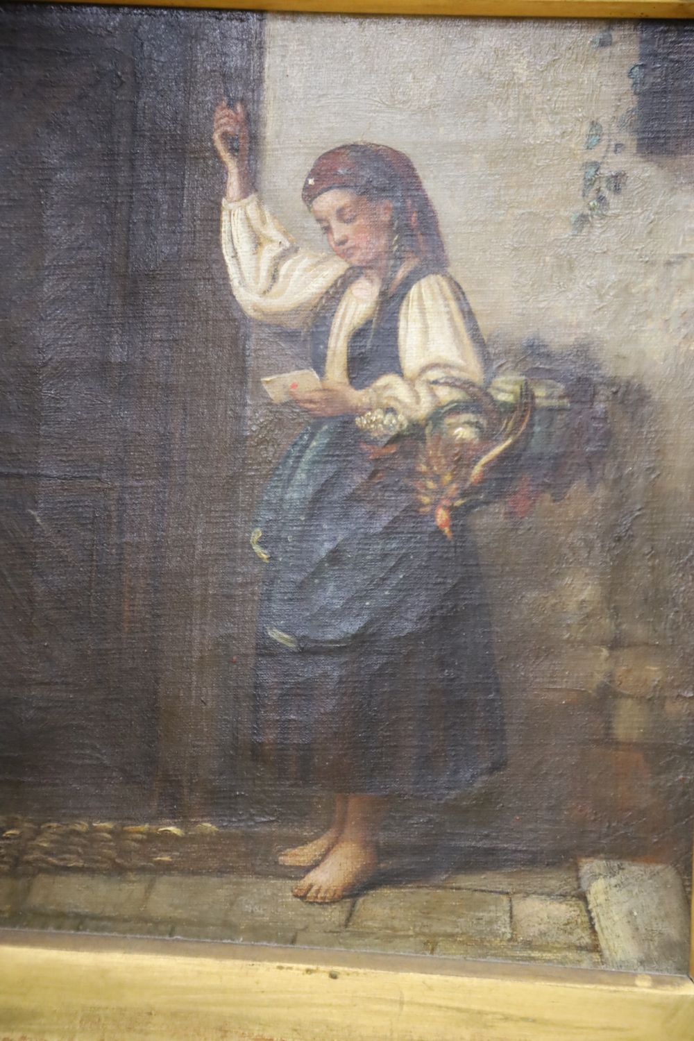 19th century Continental School, pair of oils on canvas, Returning soldier at a window and Girl at a - Image 3 of 4