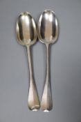 Two early 18th century silver Hanovarian rat tail pattern table spoons, William Scarlett, London,