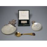 A modern cased Asprey & Co silver pill box, 51mm, a Jensen gilt sterling '1977' spoon and two