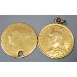 Two Victoria gold half sovereigns including 1887, one drilled and one now with pendant mount,