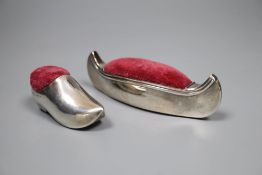 Two early 20th century novelty silver mounted pin cushions, canoe & clog, marks rubbed, canoe 9.