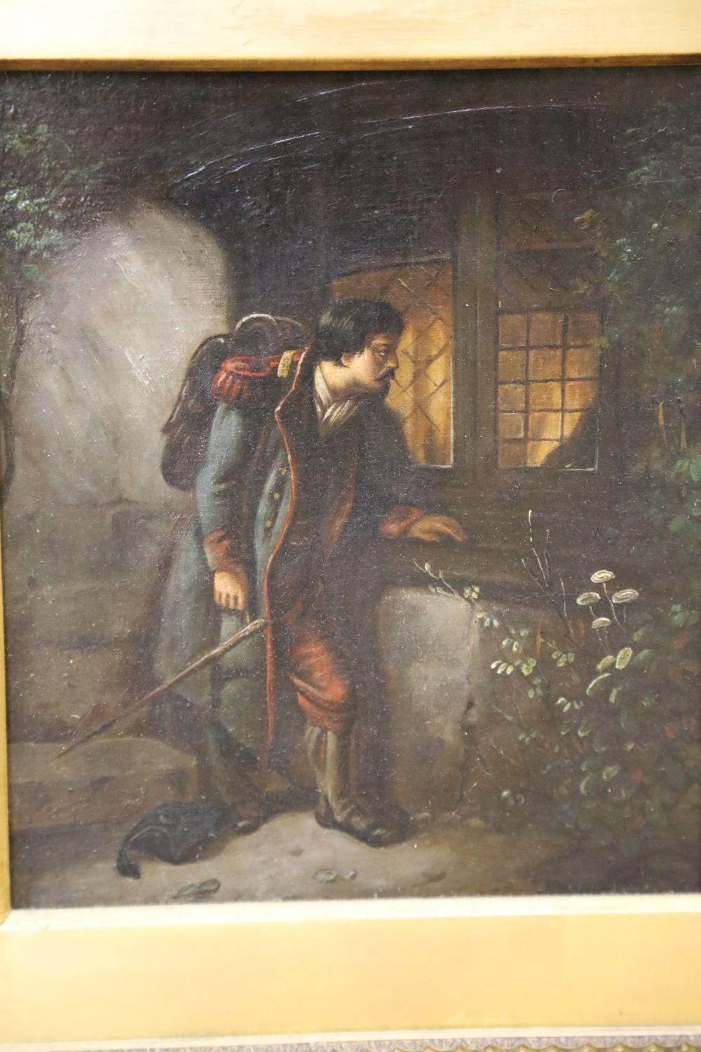 19th century Continental School, pair of oils on canvas, Returning soldier at a window and Girl at a - Image 2 of 4