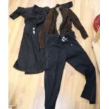 A 1930's-40's ladies suede coat and a later suede jacket and a pair of gentleman's trousers