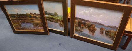 20th century Polish School, three oils on canvas, Lake scenes, indistinctly signed and dated '89, 59