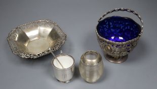 An Edwardian silver sugar basket, George V silver bon-bon dish by Asprey & Co, a silver mounted