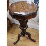 A late Victorian inlaid walnut trumpet work table, width 42cm, height 71cm