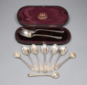 Three Victorian silver beaded old English pattern salt spoons and five other spoons, together with a