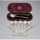 Three Victorian silver beaded old English pattern salt spoons and five other spoons, together with a