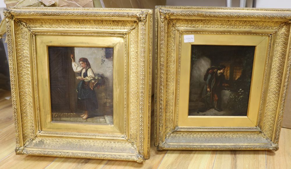 19th century Continental School, pair of oils on canvas, Returning soldier at a window and Girl at a