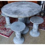 A circular reconstituted stone garden table, 100cm diameter, 80cm high and four matching stools,